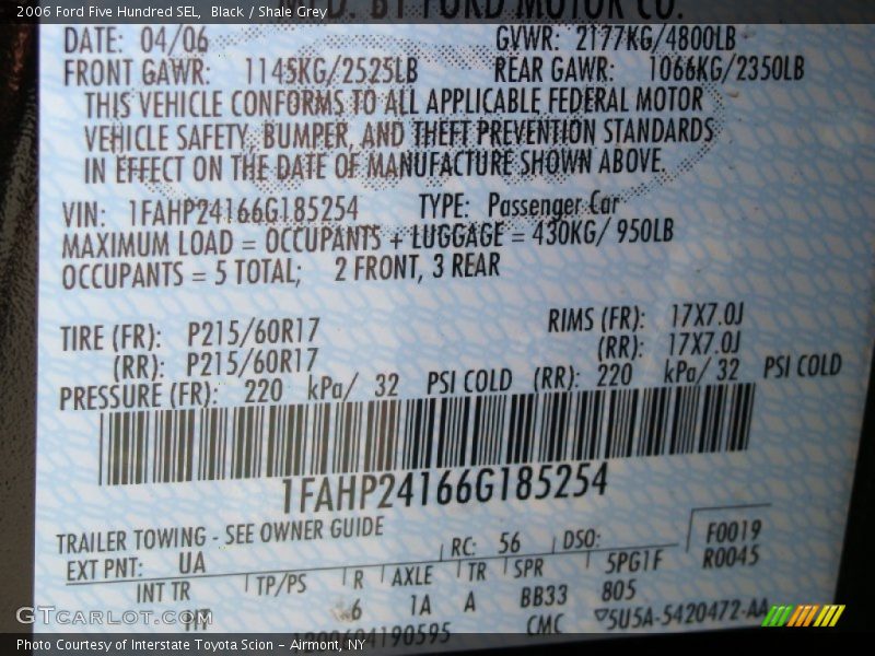 2006 Five Hundred SEL Black Color Code UA