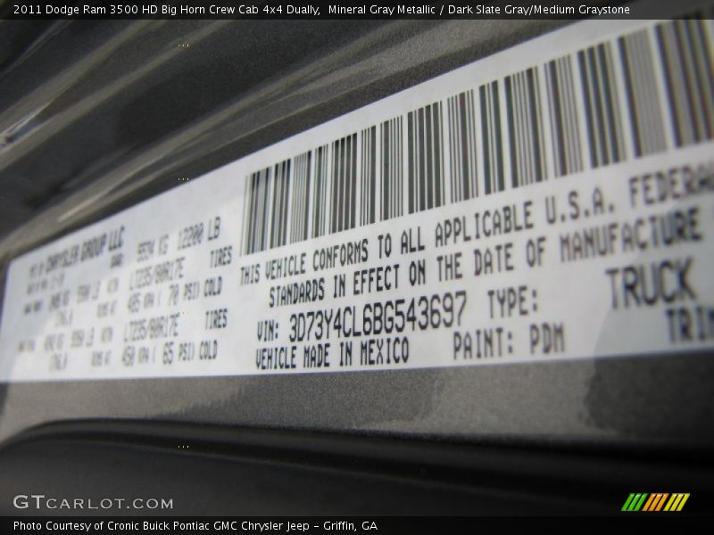 Mineral Gray Metallic / Dark Slate Gray/Medium Graystone 2011 Dodge Ram 3500 HD Big Horn Crew Cab 4x4 Dually