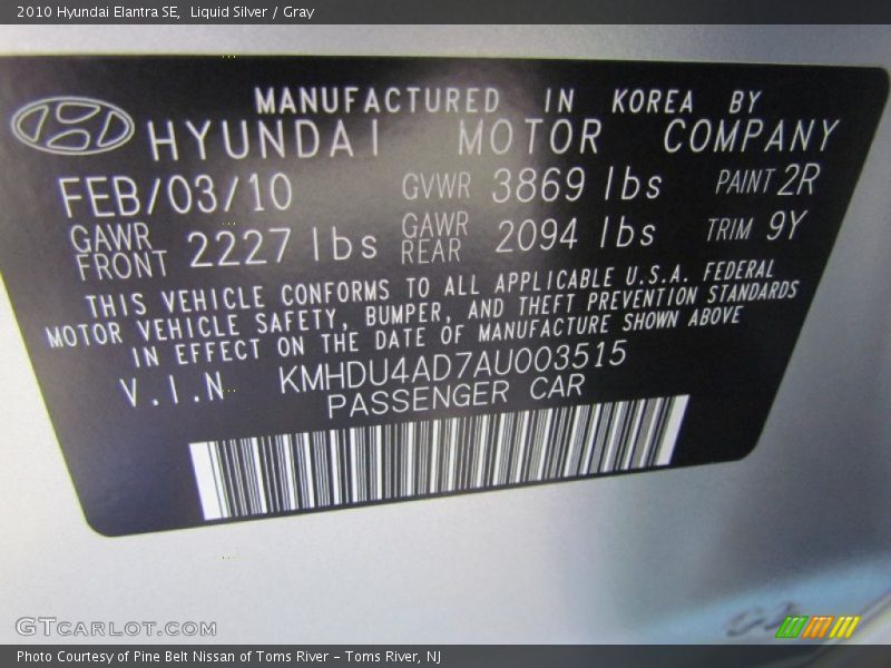 Liquid Silver / Gray 2010 Hyundai Elantra SE