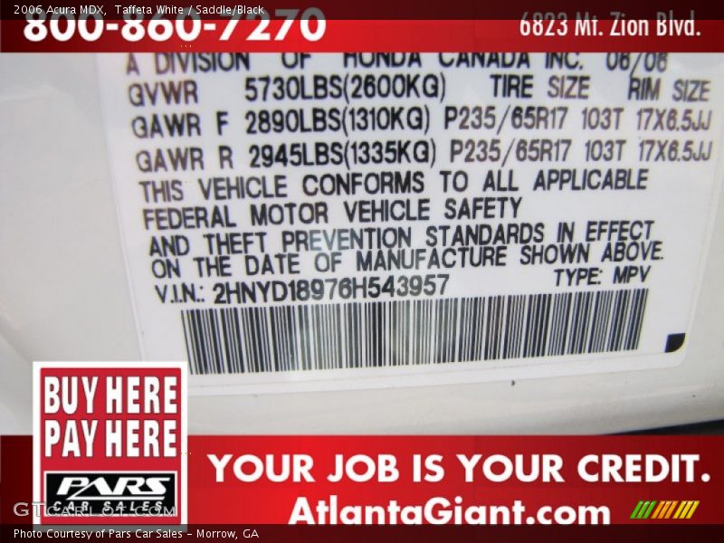 Taffeta White / Saddle/Black 2006 Acura MDX
