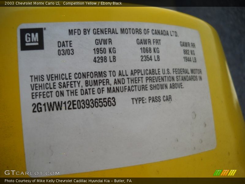 Competition Yellow / Ebony Black 2003 Chevrolet Monte Carlo LS