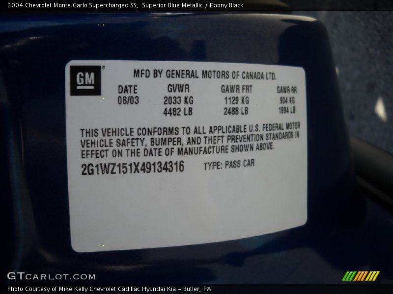 Superior Blue Metallic / Ebony Black 2004 Chevrolet Monte Carlo Supercharged SS