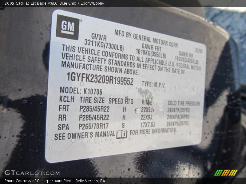 Blue Chip / Ebony/Ebony 2009 Cadillac Escalade AWD