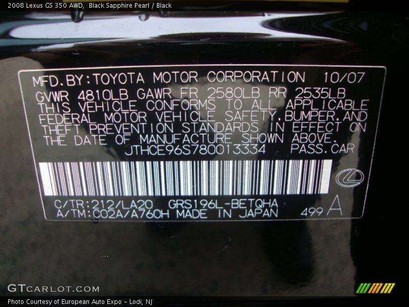 Black Sapphire Pearl / Black 2008 Lexus GS 350 AWD