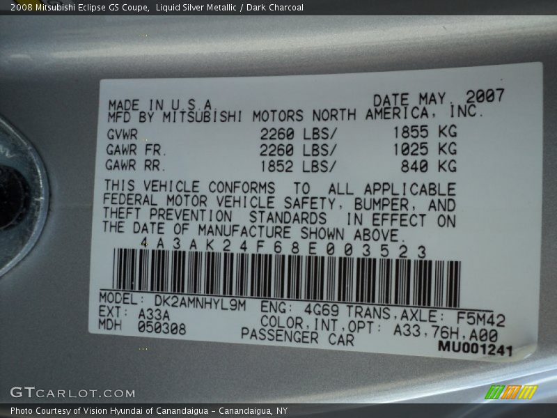 Liquid Silver Metallic / Dark Charcoal 2008 Mitsubishi Eclipse GS Coupe