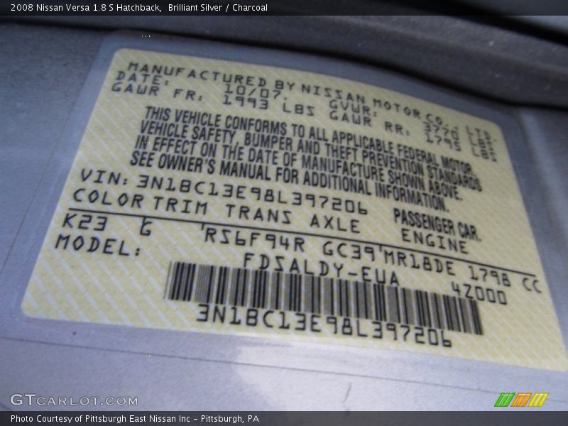 Brilliant Silver / Charcoal 2008 Nissan Versa 1.8 S Hatchback