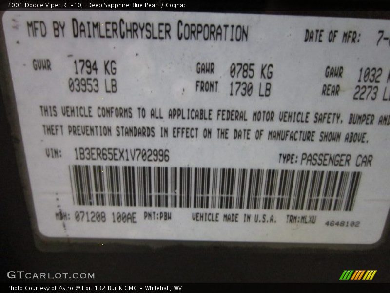 2001 Viper RT-10 Deep Sapphire Blue Pearl Color Code PBW