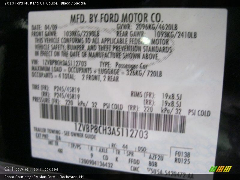 2010 Mustang GT Coupe Black Color Code UA