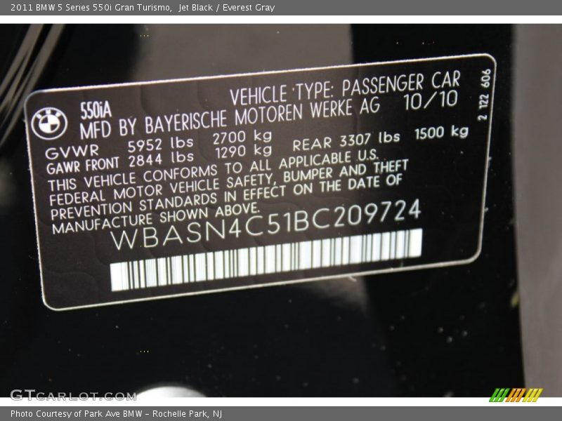Info Tag of 2011 5 Series 550i Gran Turismo