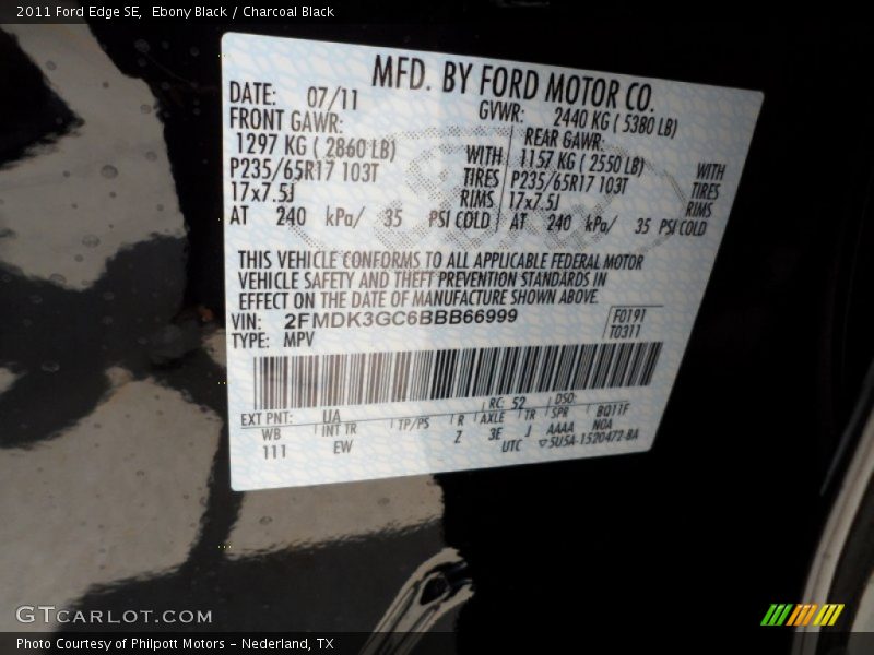 Ebony Black / Charcoal Black 2011 Ford Edge SE