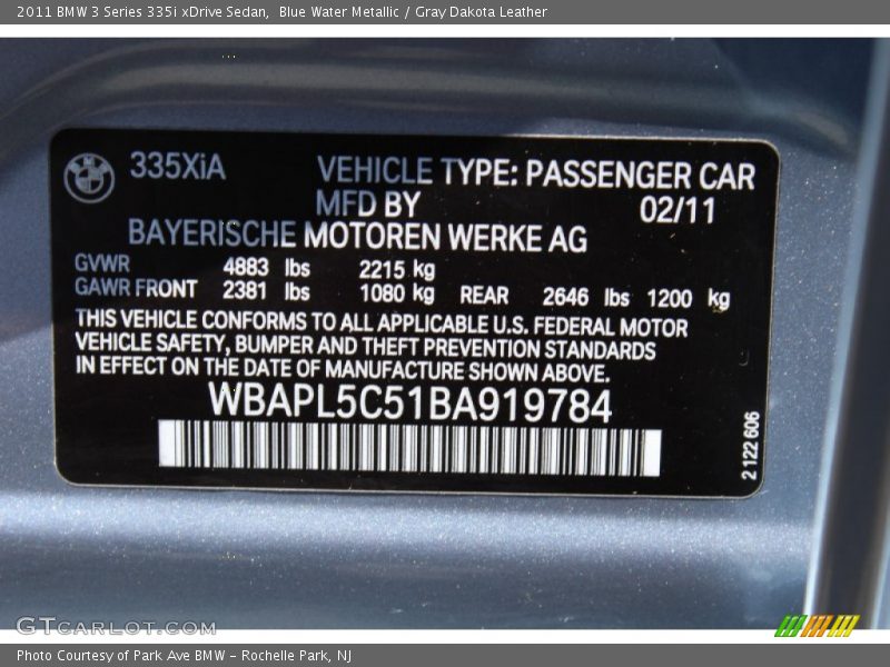 Blue Water Metallic / Gray Dakota Leather 2011 BMW 3 Series 335i xDrive Sedan