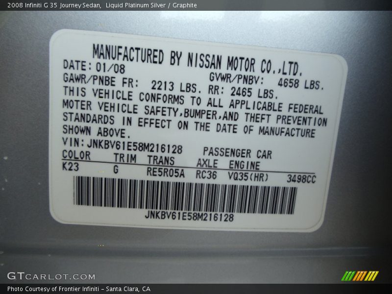Liquid Platinum Silver / Graphite 2008 Infiniti G 35 Journey Sedan