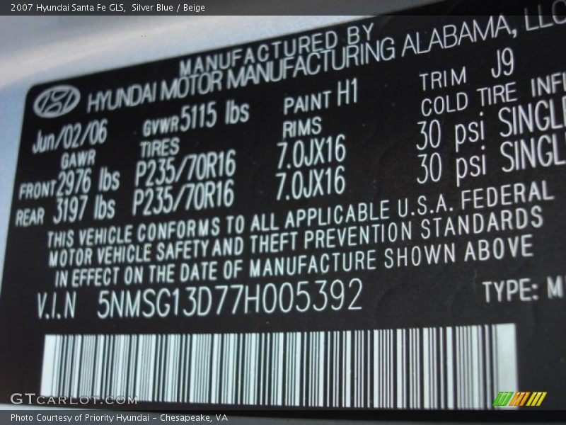 Silver Blue / Beige 2007 Hyundai Santa Fe GLS