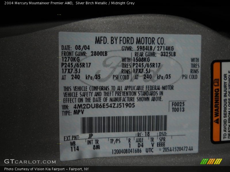 Silver Birch Metallic / Midnight Grey 2004 Mercury Mountaineer Premier AWD