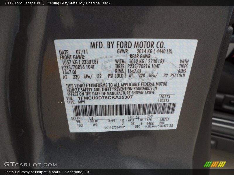 Sterling Gray Metallic / Charcoal Black 2012 Ford Escape XLT