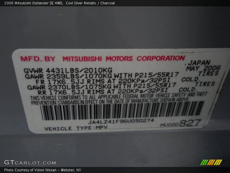 Cool Silver Metallic / Charcoal 2006 Mitsubishi Outlander SE 4WD