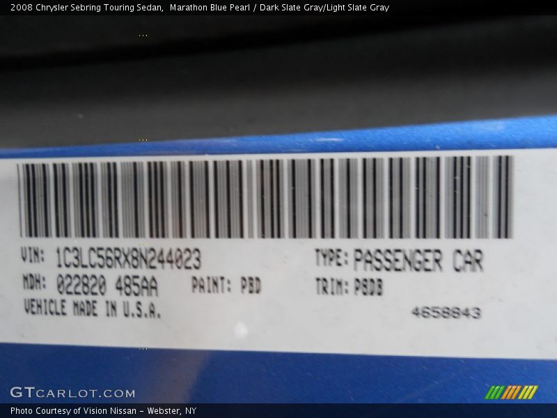 2008 Sebring Touring Sedan Marathon Blue Pearl Color Code PBD
