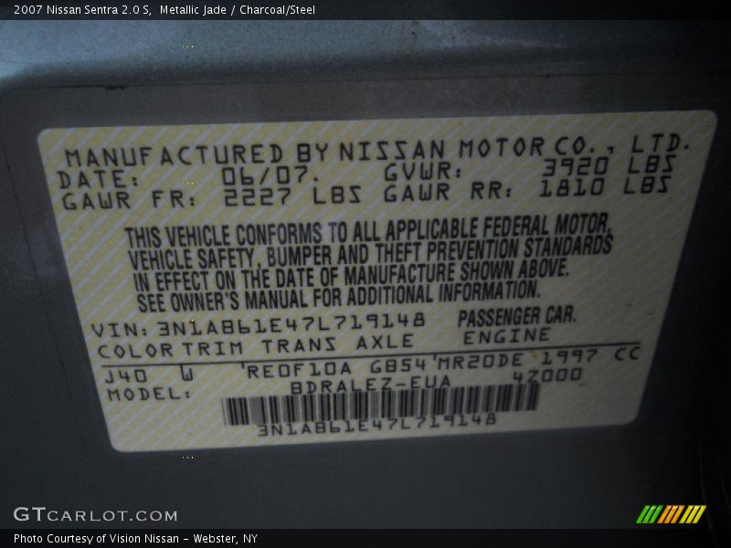 Metallic Jade / Charcoal/Steel 2007 Nissan Sentra 2.0 S