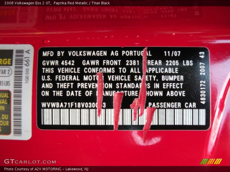 Paprika Red Metallic / Titan Black 2008 Volkswagen Eos 2.0T