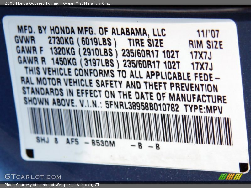 Ocean Mist Metallic / Gray 2008 Honda Odyssey Touring