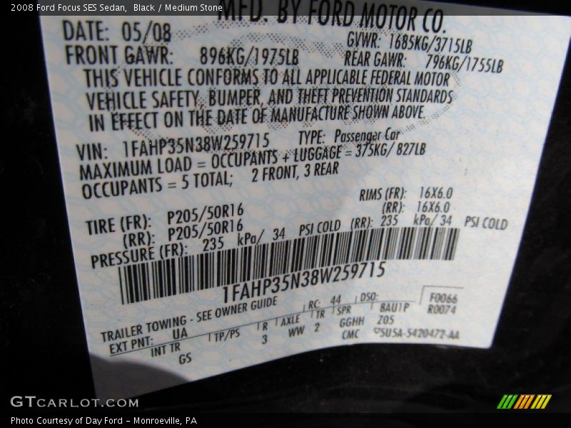 Black / Medium Stone 2008 Ford Focus SES Sedan