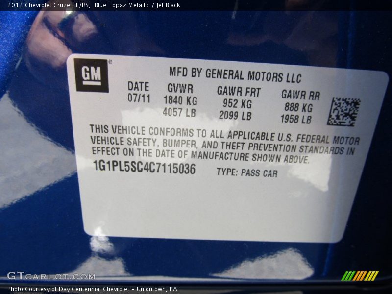 Info Tag of 2012 Cruze LT/RS
