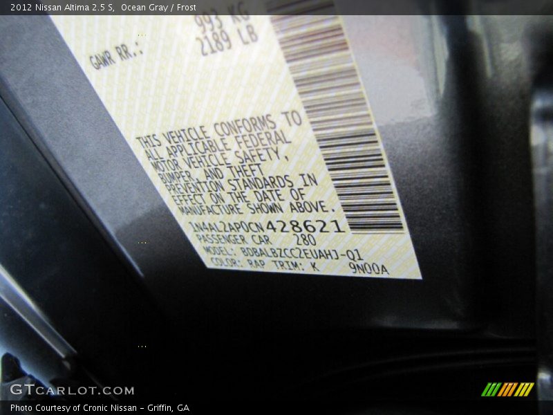 2012 Altima 2.5 S Ocean Gray Color Code RAP