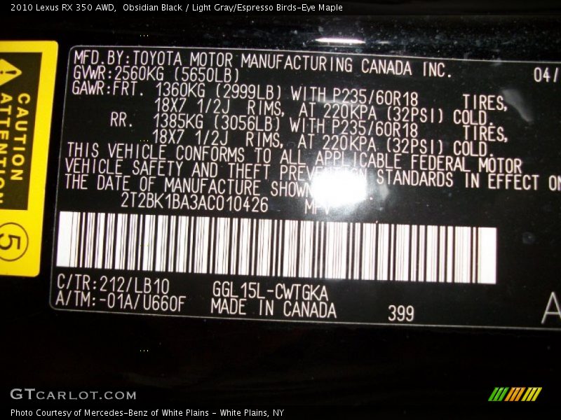 Obsidian Black / Light Gray/Espresso Birds-Eye Maple 2010 Lexus RX 350 AWD