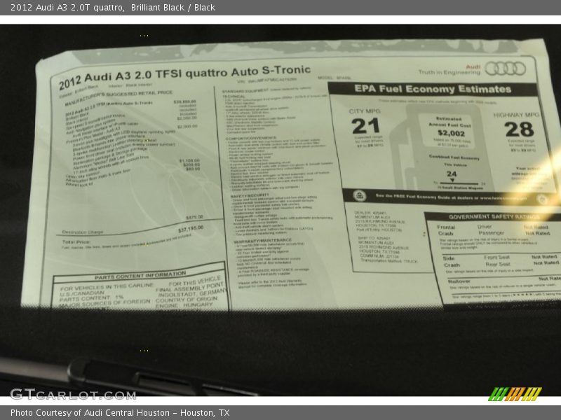  2012 A3 2.0T quattro Window Sticker