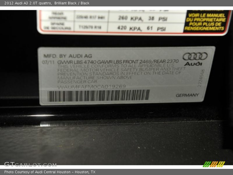 Brilliant Black / Black 2012 Audi A3 2.0T quattro