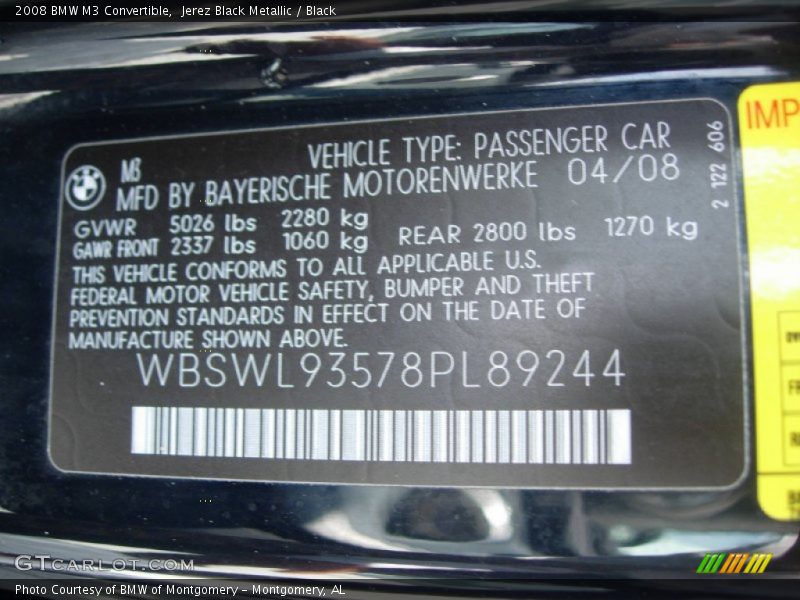 Jerez Black Metallic / Black 2008 BMW M3 Convertible