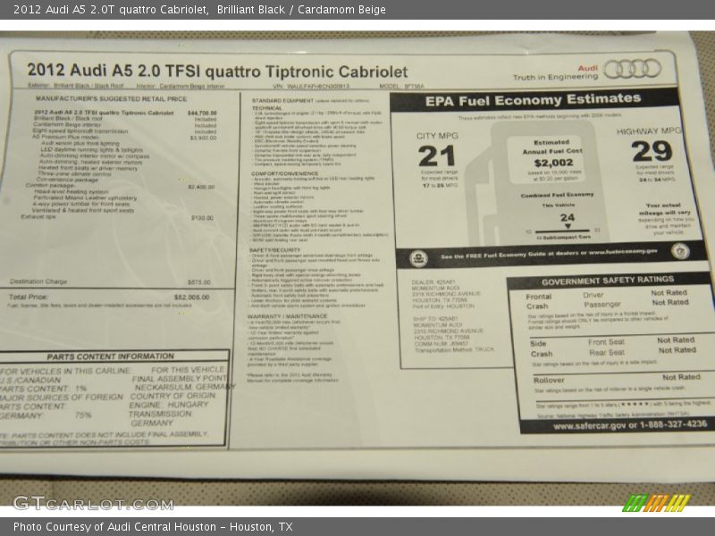  2012 A5 2.0T quattro Cabriolet Window Sticker