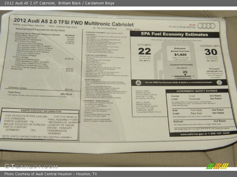  2012 A5 2.0T Cabriolet Window Sticker