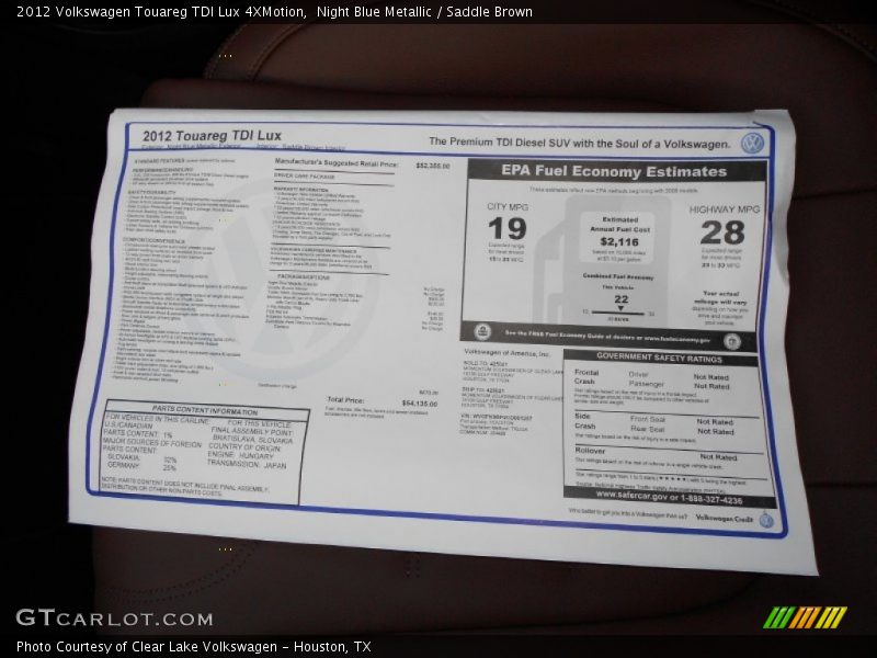  2012 Touareg TDI Lux 4XMotion Window Sticker