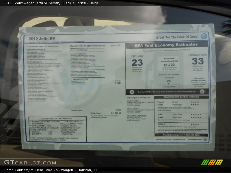  2012 Jetta SE Sedan Window Sticker