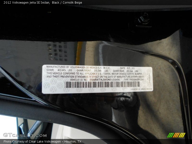 Black / Cornsilk Beige 2012 Volkswagen Jetta SE Sedan