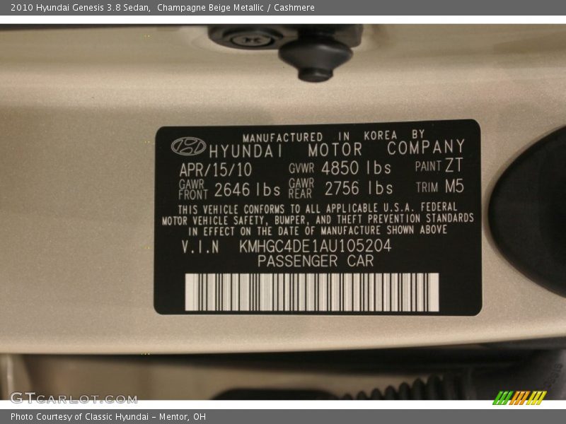 2010 Genesis 3.8 Sedan Champagne Beige Metallic Color Code ZT