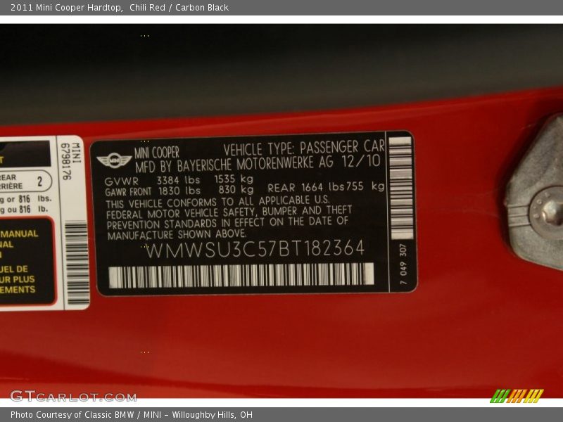 Chili Red / Carbon Black 2011 Mini Cooper Hardtop