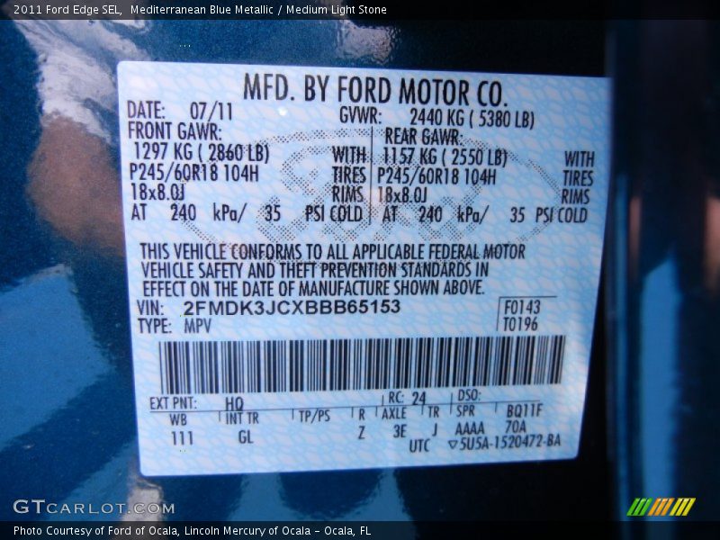 2011 Edge SEL Mediterranean Blue Metallic Color Code HQ