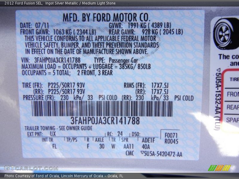 Ingot Silver Metallic / Medium Light Stone 2012 Ford Fusion SEL