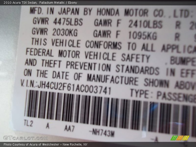 Palladium Metallic / Ebony 2010 Acura TSX Sedan