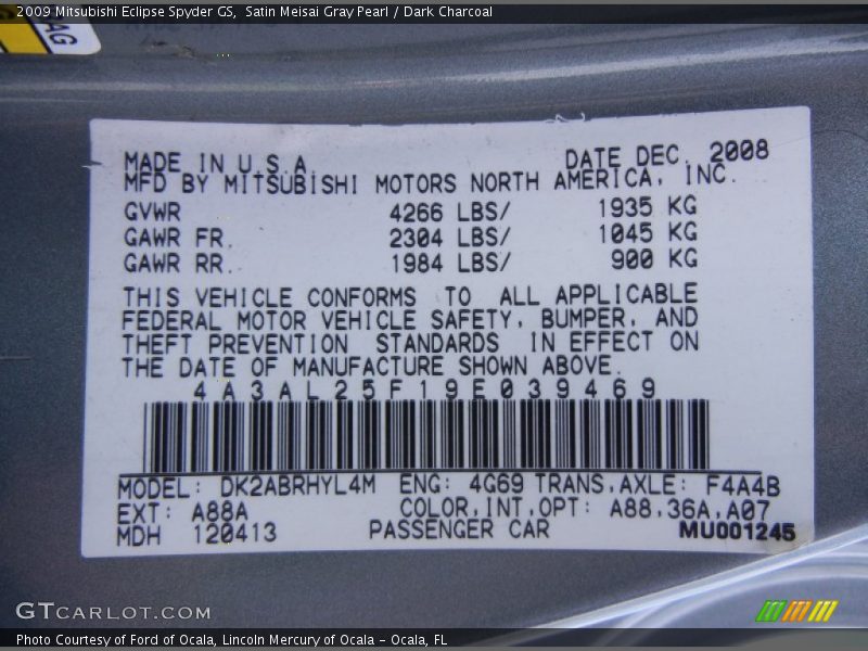Satin Meisai Gray Pearl / Dark Charcoal 2009 Mitsubishi Eclipse Spyder GS