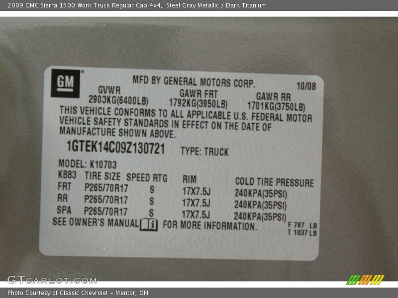 Steel Gray Metallic / Dark Titanium 2009 GMC Sierra 1500 Work Truck Regular Cab 4x4