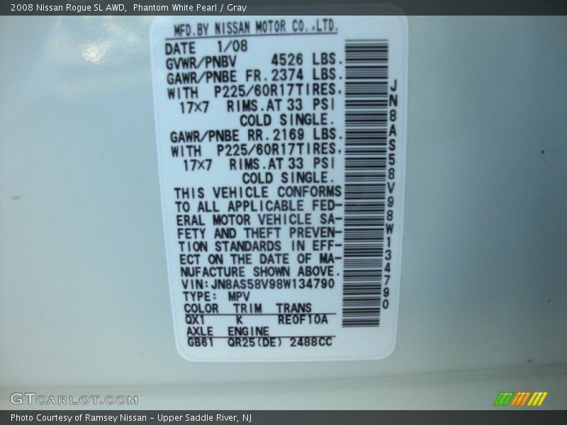 Phantom White Pearl / Gray 2008 Nissan Rogue SL AWD