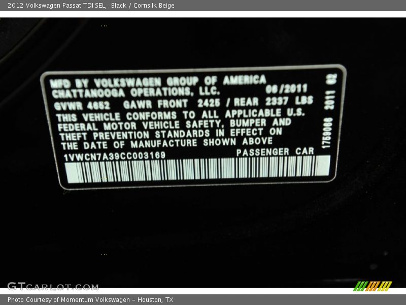Black / Cornsilk Beige 2012 Volkswagen Passat TDI SEL