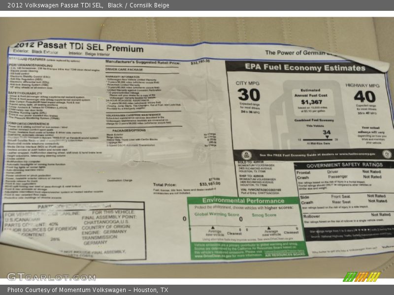  2012 Passat TDI SEL Window Sticker