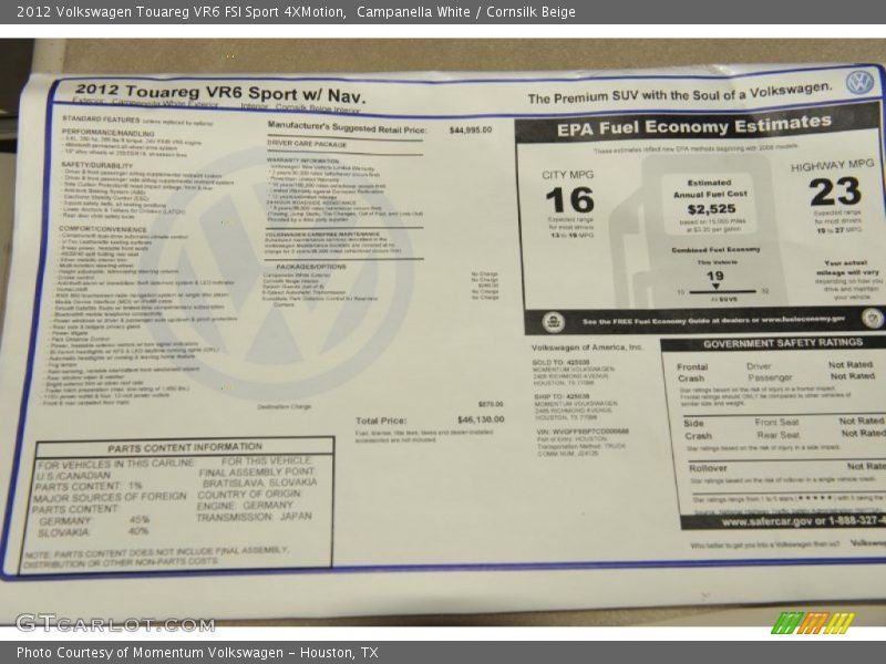  2012 Touareg VR6 FSI Sport 4XMotion Window Sticker