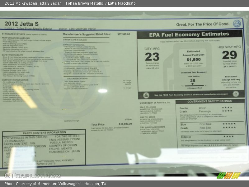Toffee Brown Metallic / Latte Macchiato 2012 Volkswagen Jetta S Sedan
