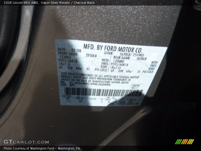 Vapor Silver Metallic / Charcoal Black 2008 Lincoln MKX AWD
