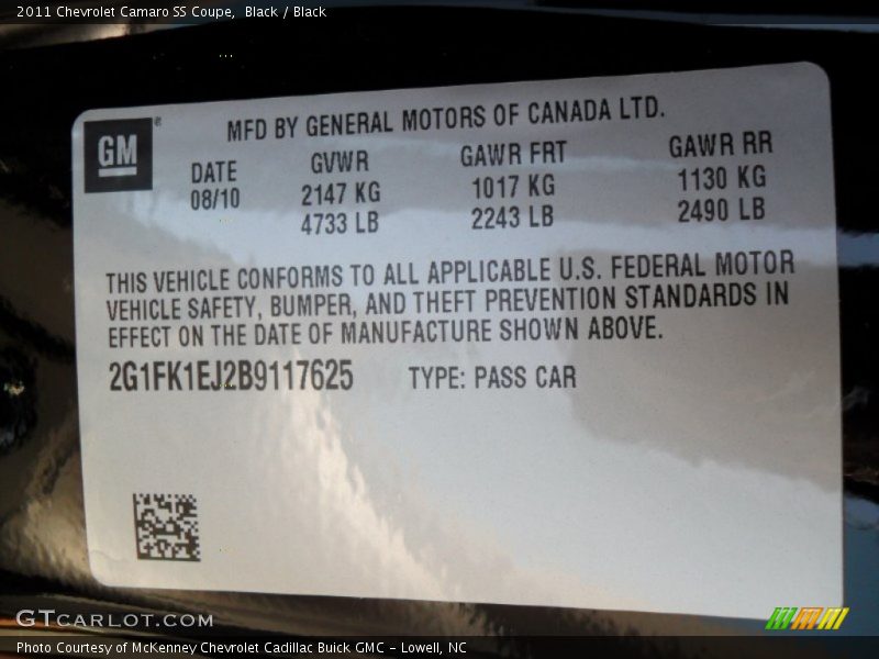 Black / Black 2011 Chevrolet Camaro SS Coupe